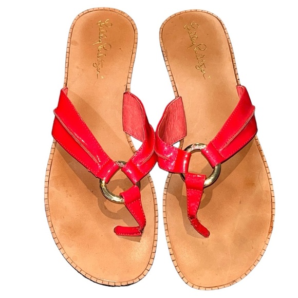 Lily Pulitzer Mckim Coral Patent Leather Thong Sandals size 7.5 - Picture 1 of 4